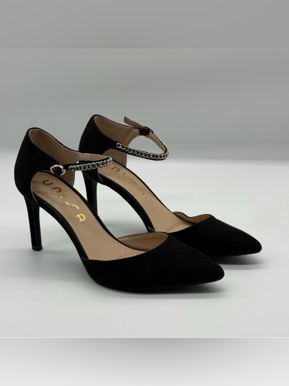 Unisa Black Pointed-Toe Chain Ankle Strap Heels